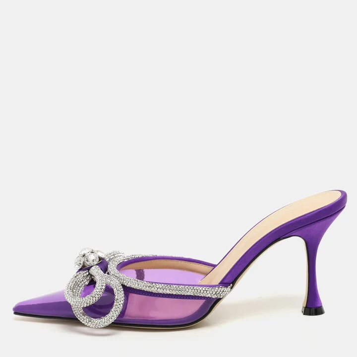 Mach & Mach Purple Satin Crystal Embellished Double Bow Mules Size 37 5