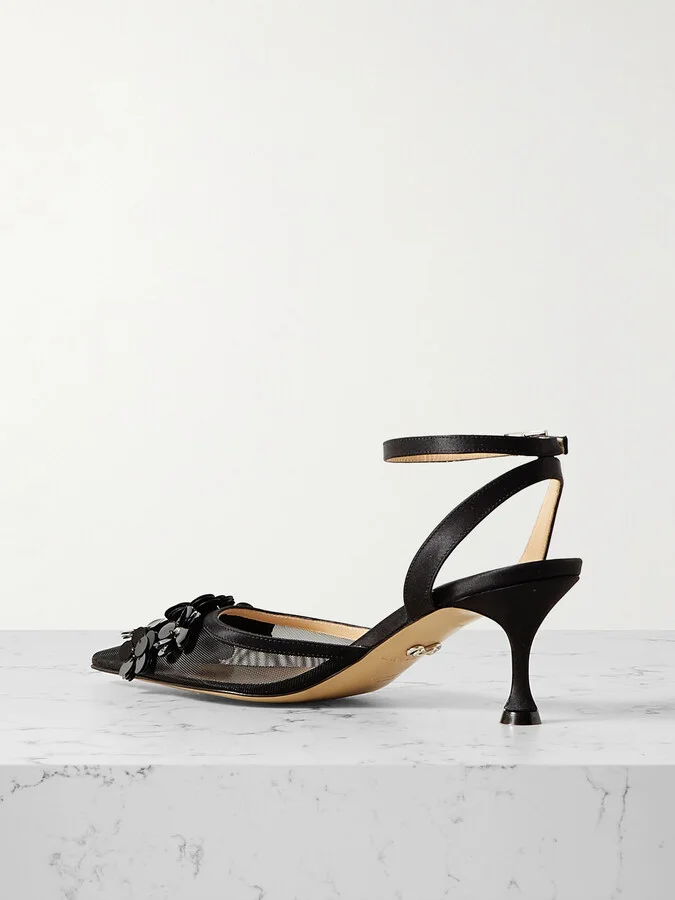 MACH & MACH - Satin-trimmed Embellished Mesh Pumps - Black - Image 3
