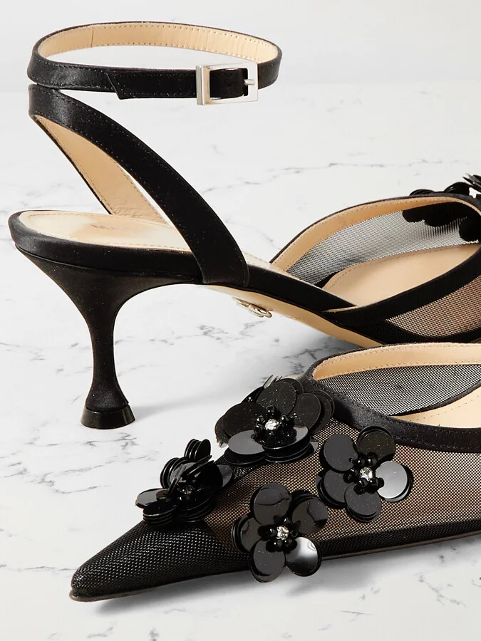 MACH & MACH - Satin-trimmed Embellished Mesh Pumps - Black - Image 4