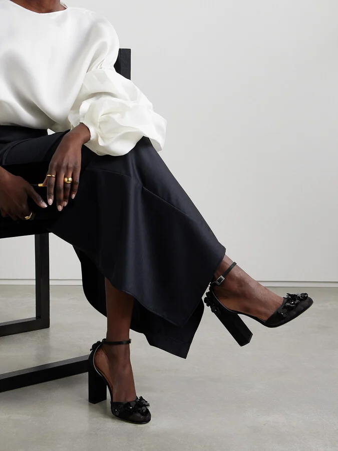 MACH & MACH - Satin-trimmed Embellished Mesh Pumps - Black - Image 2