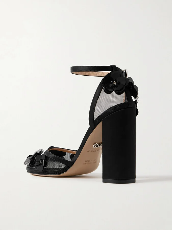 MACH & MACH - Satin-trimmed Embellished Mesh Pumps - Black - Image 3