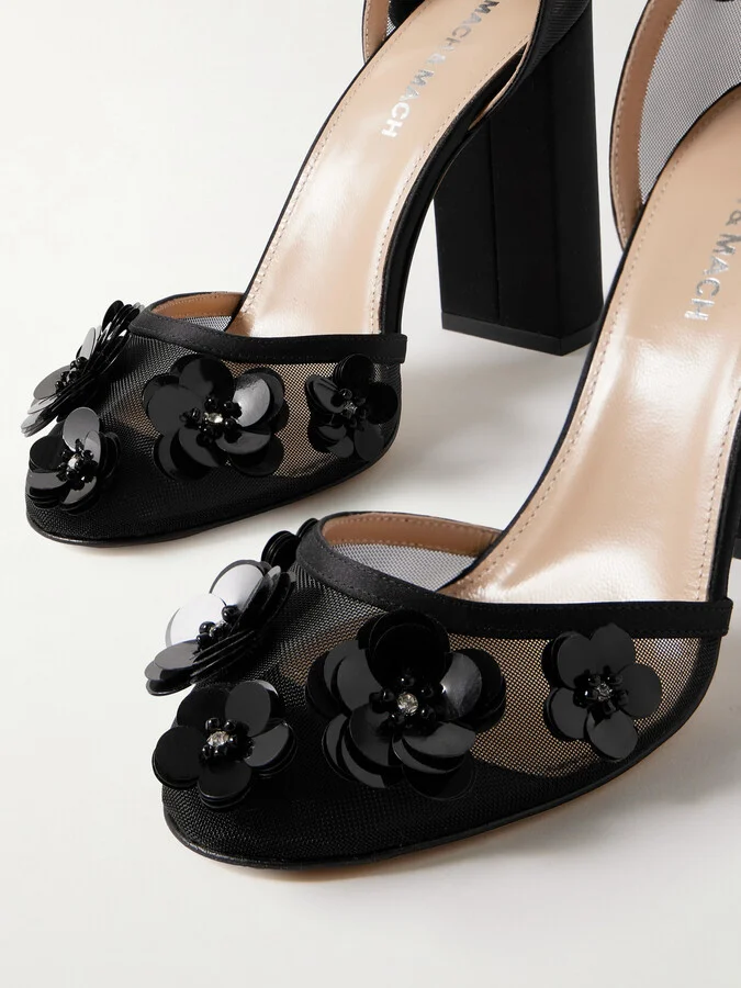 MACH & MACH - Satin-trimmed Embellished Mesh Pumps - Black - Image 4