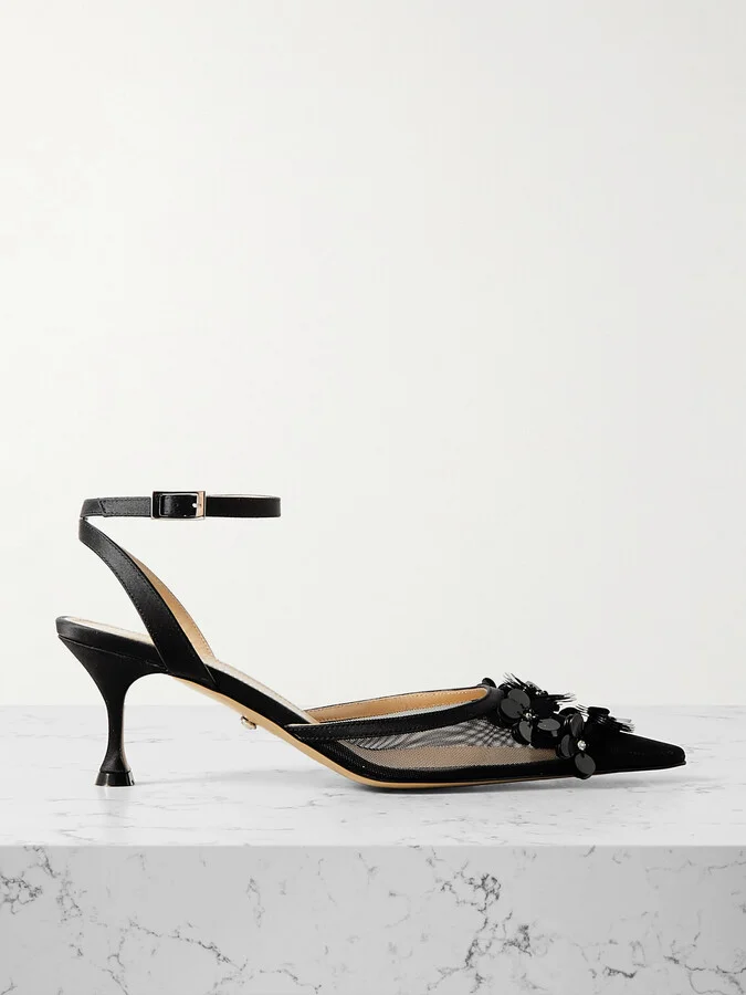 MACH & MACH - Satin-trimmed Embellished Mesh Pumps - Black