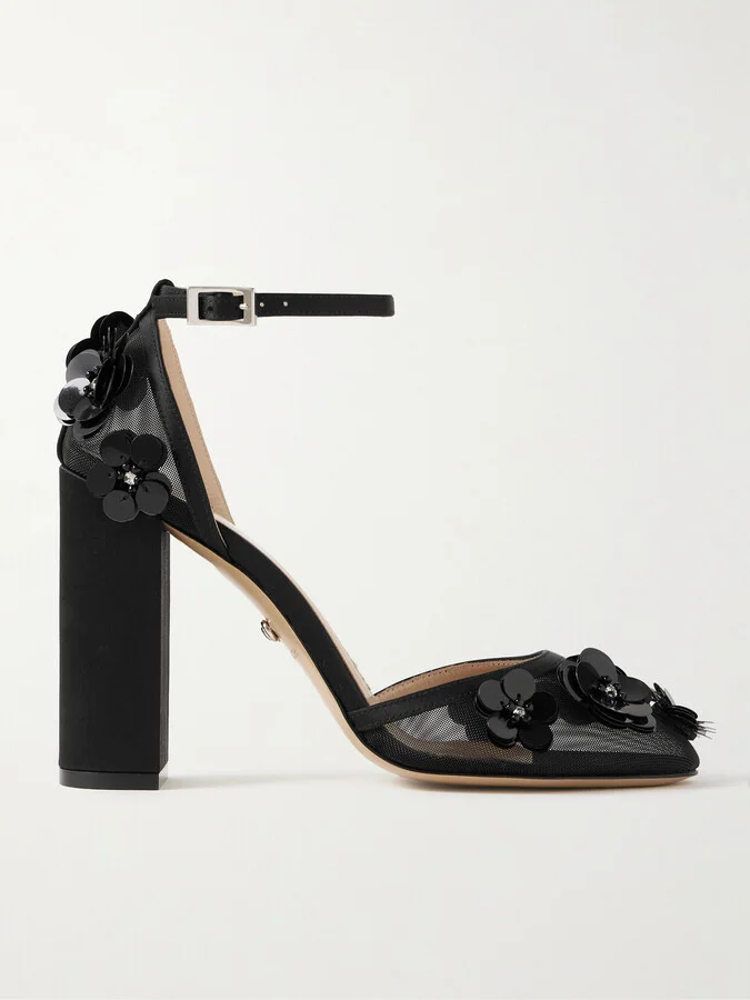 MACH & MACH - Satin-trimmed Embellished Mesh Pumps - Black