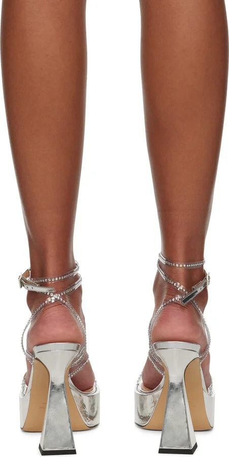 MACH & MACH Silver Double Bow 140 Heeled Sandals - Image 2