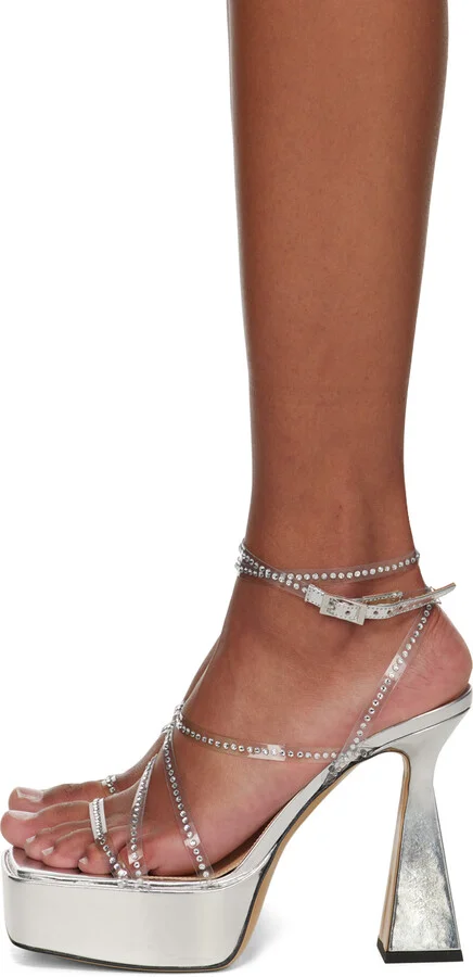 MACH & MACH Silver Double Bow 140 Heeled Sandals - Image 3