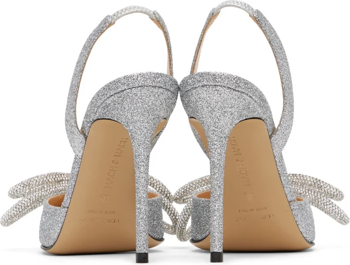 MACH & MACH Silver Double Bow Glitter 110 Heels - Image 2
