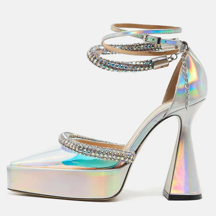 Mach & Mach Silver Iridescent PVC Crystal Embellished Kimberly Platform Pumps Size 38