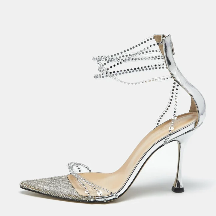 Mach & Mach Silver Leather and PVC Crystal Embellished Ankle Strap Sandals Size 39.5