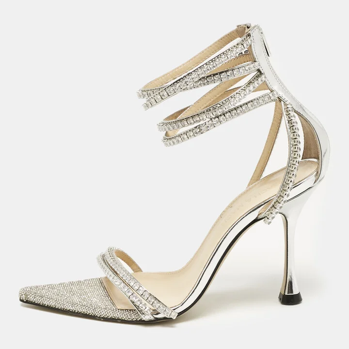 Mach & Mach Silver Leather Crystal Embellished Ankle Strap Sandals Size 36