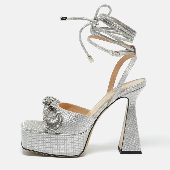 Mach & Mach Silver Leather Double Bow Platform Block Heel Ankle Strap Sandals Size 38