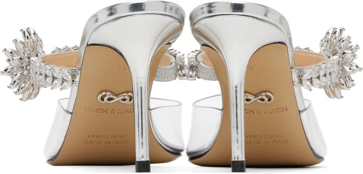 MACH & MACH Silver Lotus Flower Jewelled Clear Mules - Image 2