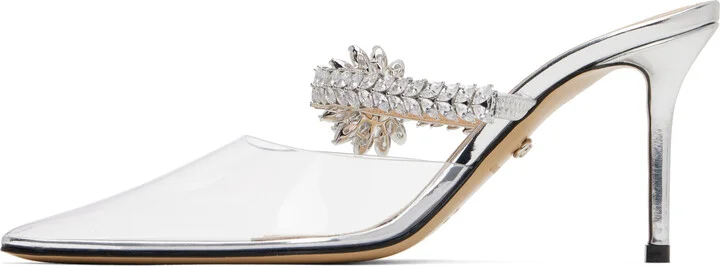 MACH & MACH Silver Lotus Flower Jewelled Clear Mules - Image 3
