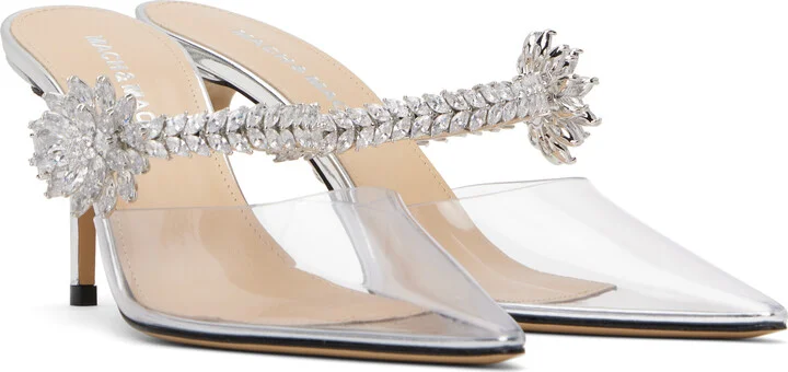 MACH & MACH Silver Lotus Flower Jewelled Clear Mules - Image 4