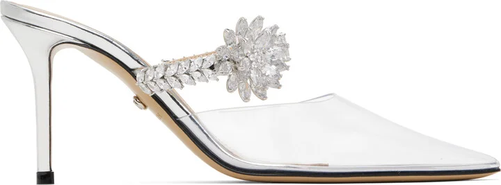 MACH & MACH Silver Lotus Flower Jewelled Clear Mules