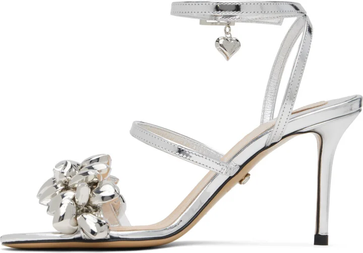 MACH & MACH Silver Puffy Heart Mirror Leather Heeled Sandals - Image 3