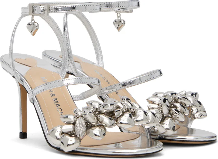 MACH & MACH Silver Puffy Heart Mirror Leather Heeled Sandals - Image 4