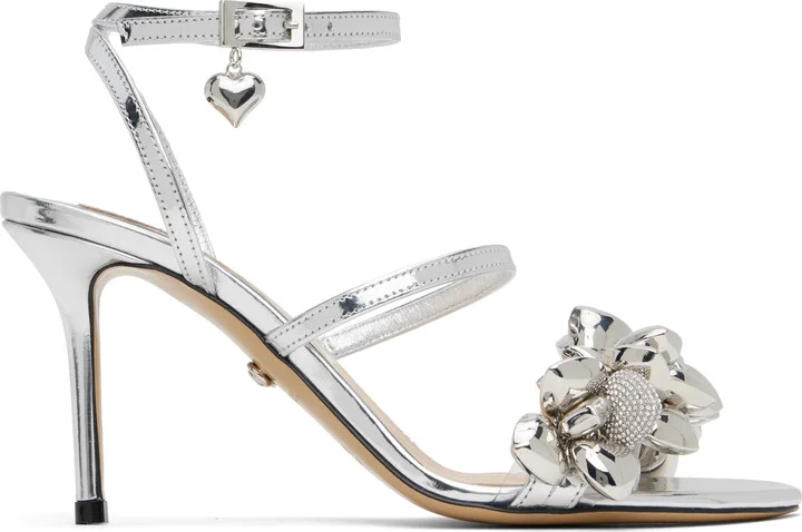 MACH & MACH Silver Puffy Heart Mirror Leather Heeled Sandals
