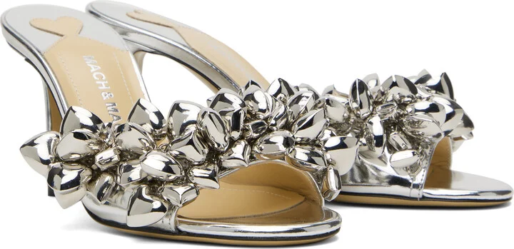 MACH & MACH Silver Puffy Heart Mirror Leather Mules - Image 4