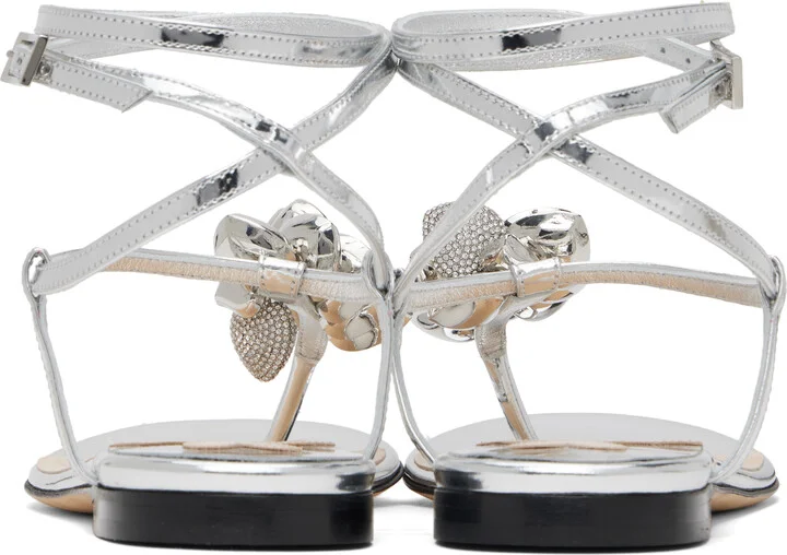 MACH & MACH Silver Puffy Heart Mirror Leather Thong Sandals - Image 2