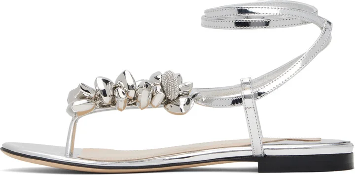 MACH & MACH Silver Puffy Heart Mirror Leather Thong Sandals - Image 3