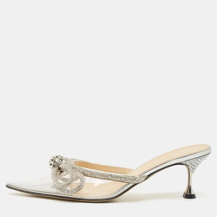 Mach & Mach Silver PVC Double Bow Heel Mules Size 38.5