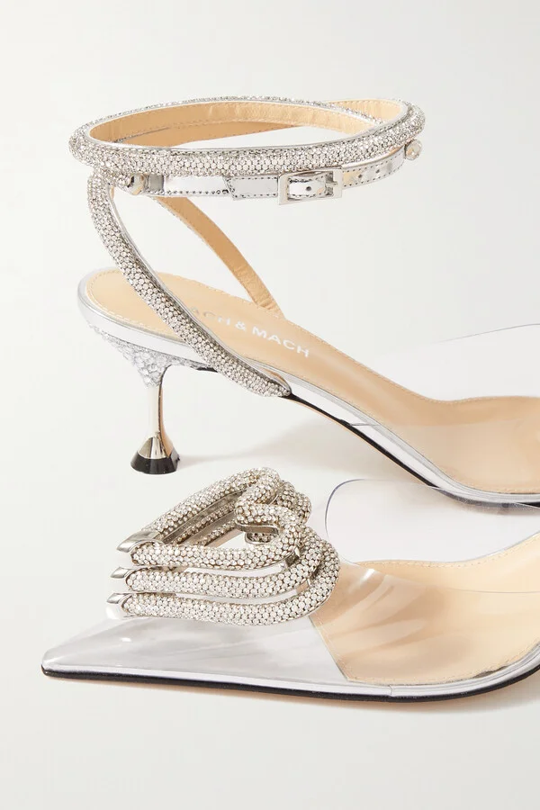 MACH & MACH - Triple Heart Crystal-embellished Pvc And Metallic Leather Pumps - Neutrals - Image 4