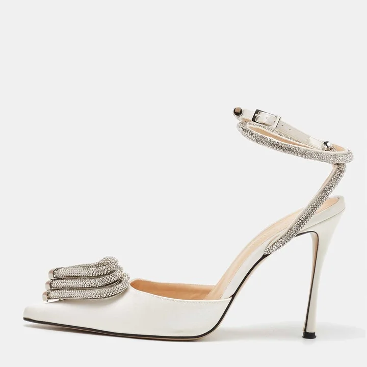 Mach & Mach White Satin Crystal Embellished Triple Heart Ankle Wrap Pumps Size 39