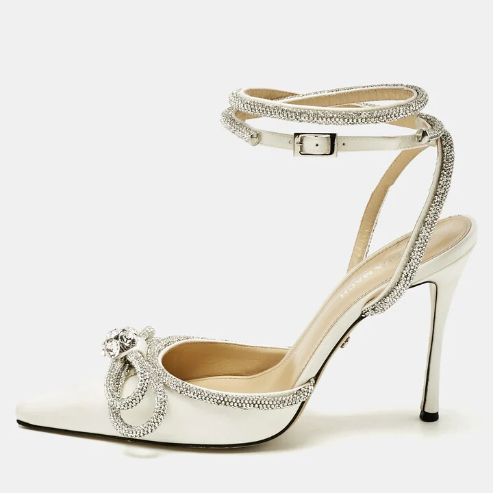 Mach & Mach White Satin Double Bow Crystal Embellished Ankle Wrap Pumps Size 39