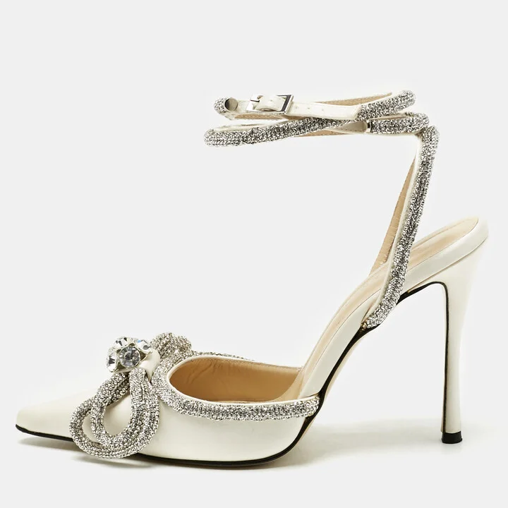 Mach & Mach White Satin Double Bow Crystal Embellished Pumps Size 37