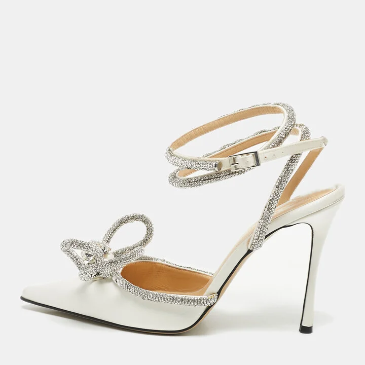 Mach & Mach White Satin Double Bow Crystal Embellished Pumps Size 38