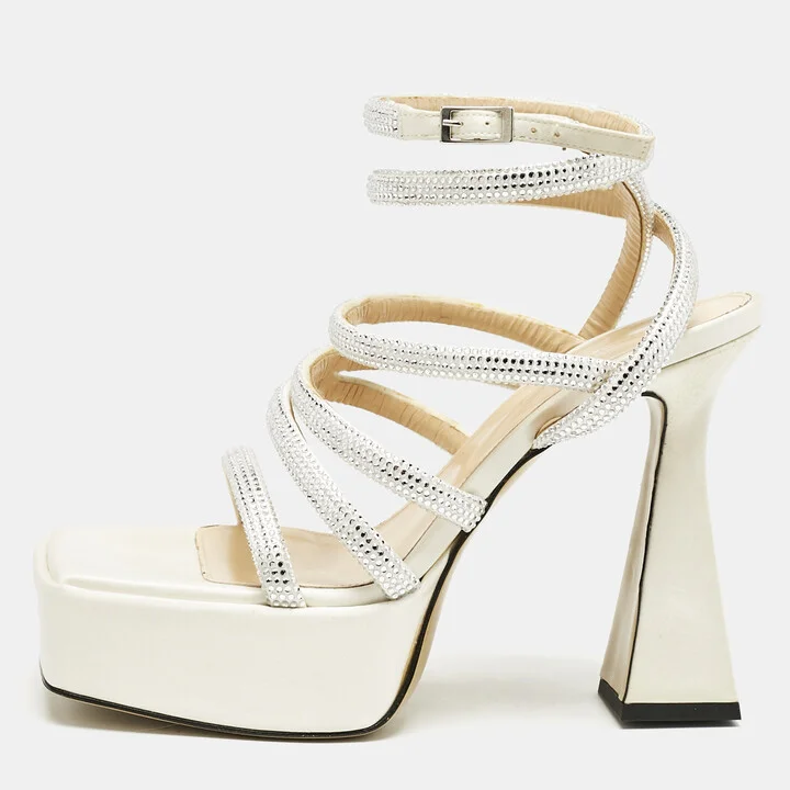 Mach & Mach White Satin Sydney Embellished Platform Sandals Size 38.5