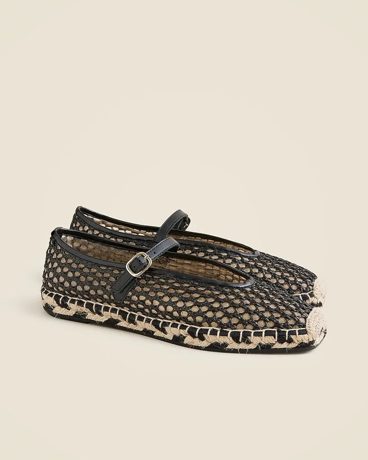 Made-in-Spain woven Mary Jane espadrille flats in faux raffia