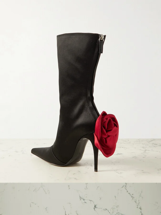 Magda Butrym - Appliquéd Satin Point-toe Boots - Black - Image 3