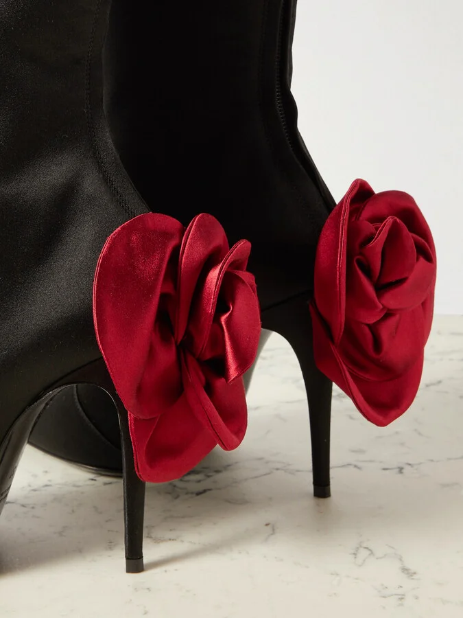 Magda Butrym - Appliquéd Satin Point-toe Boots - Black - Image 4