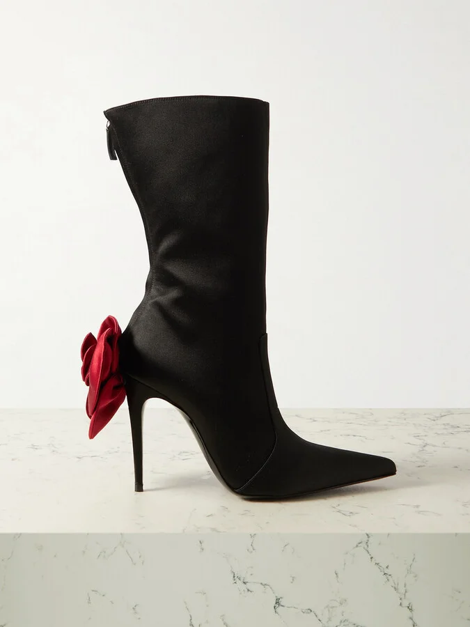 Magda Butrym - Appliquéd Satin Point-toe Boots - Black