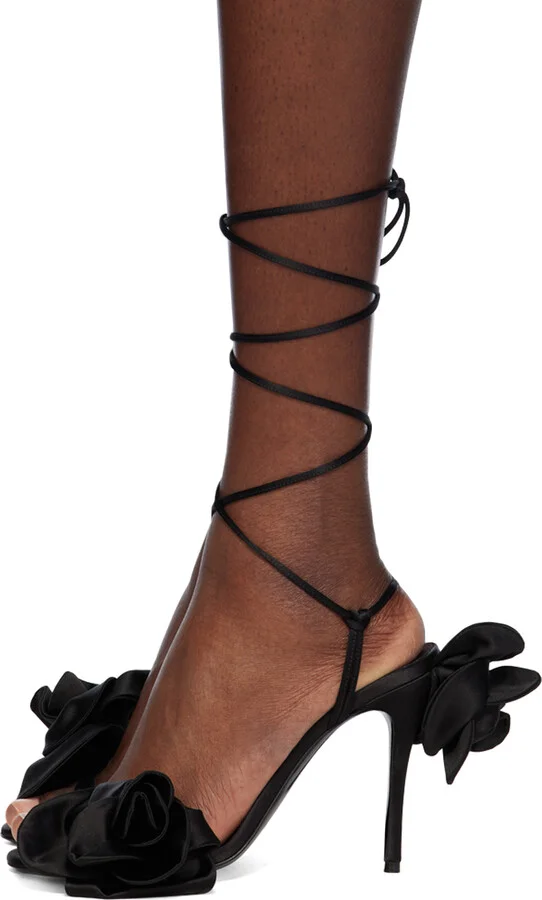 Magda Butrym Black Wrap Around Double Flower Heeled Sandals - Image 3