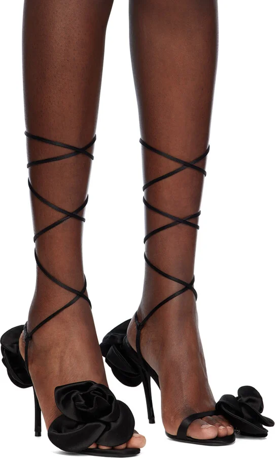 Magda Butrym Black Wrap Around Double Flower Heeled Sandals - Image 4