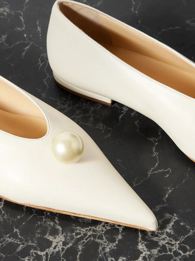 Magda Butrym - Faux Pearl-embellished Leather Point-toe Flats - Cream - Image 4