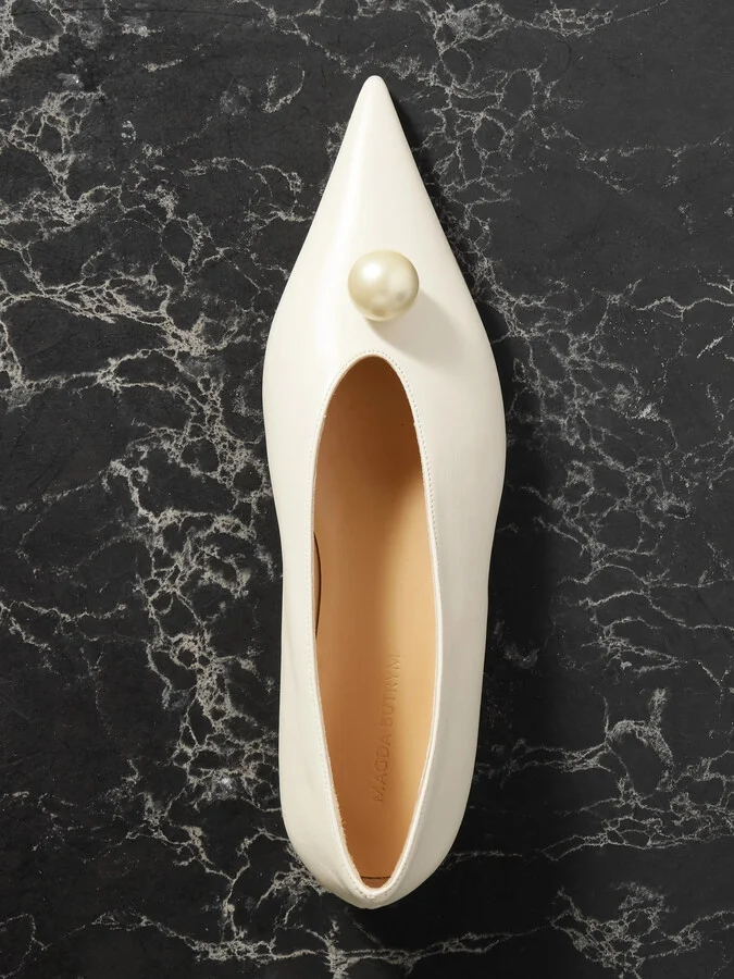 Magda Butrym - Faux Pearl-embellished Leather Point-toe Flats - Cream - Image 5