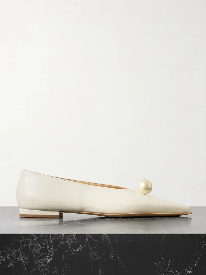 Magda Butrym - Faux Pearl-embellished Leather Point-toe Flats - Cream