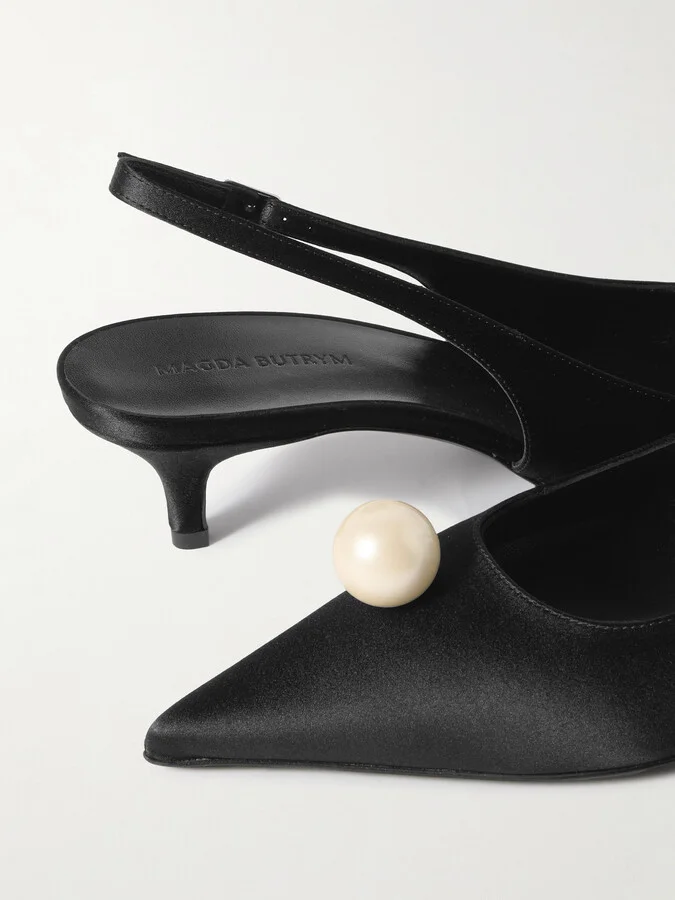 Magda Butrym - Faux Pearl-embellished Silk-satin Slingback Pumps - Black - Image 4