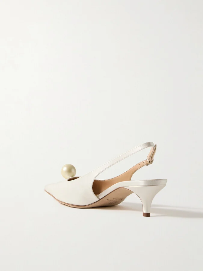 Magda Butrym - Faux Pearl-embellished Silk-satin Slingback Pumps - Off-white - Image 3