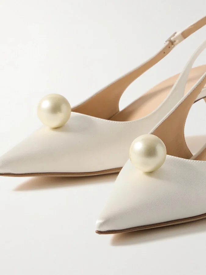 Magda Butrym - Faux Pearl-embellished Silk-satin Slingback Pumps - Off-white - Image 4