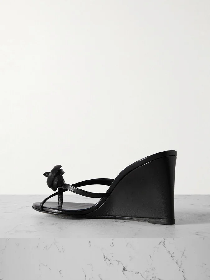 Magda Butrym - Floral-appliquéd Leather Wedge Sandals - Black - Image 3
