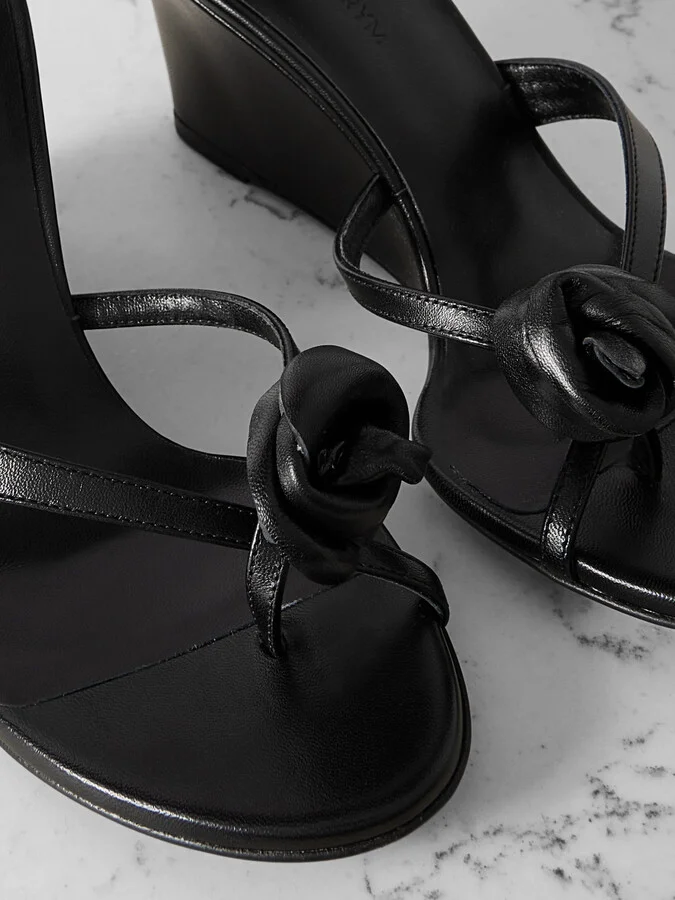 Magda Butrym - Floral-appliquéd Leather Wedge Sandals - Black - Image 4