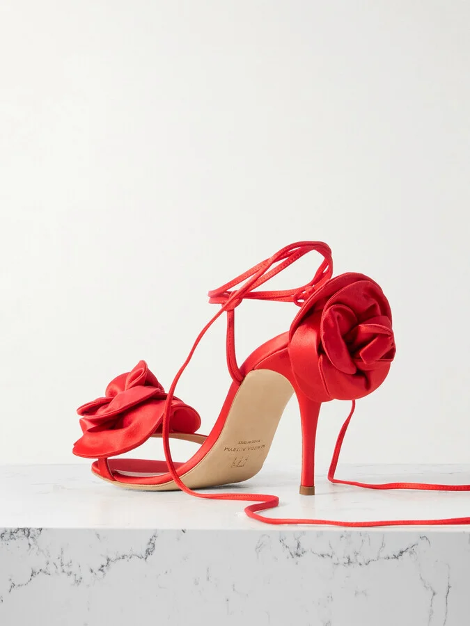 Magda Butrym - Flower Appliquéd Satin Sandals - Red - Image 3