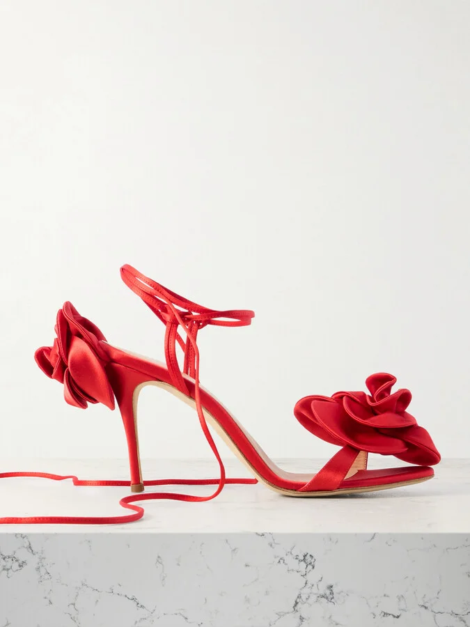 Magda Butrym - Flower Appliquéd Satin Sandals - Red