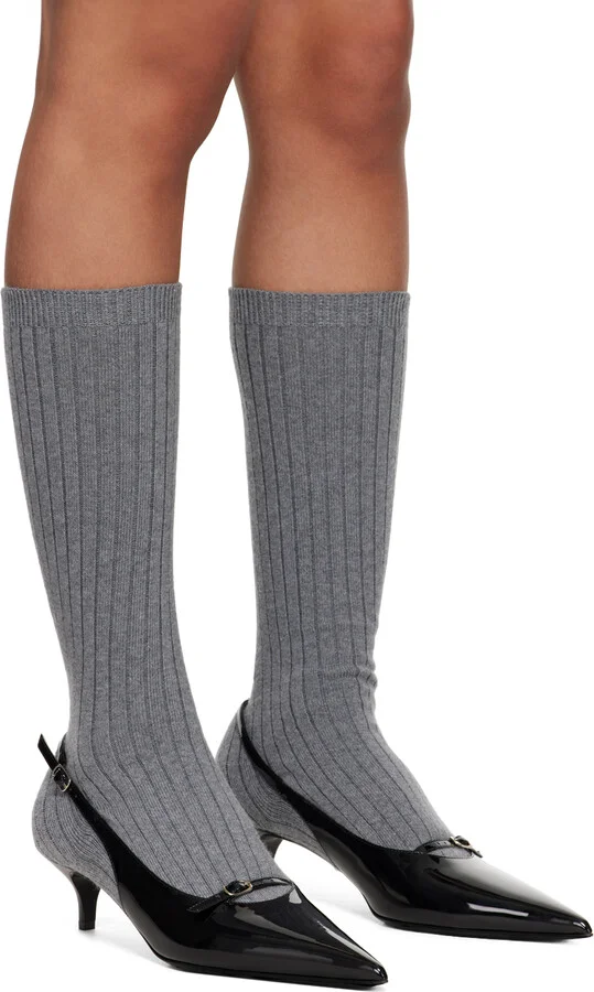 Magda Butrym Gray & Black Ribbed Sock Boot Heels - Image 4
