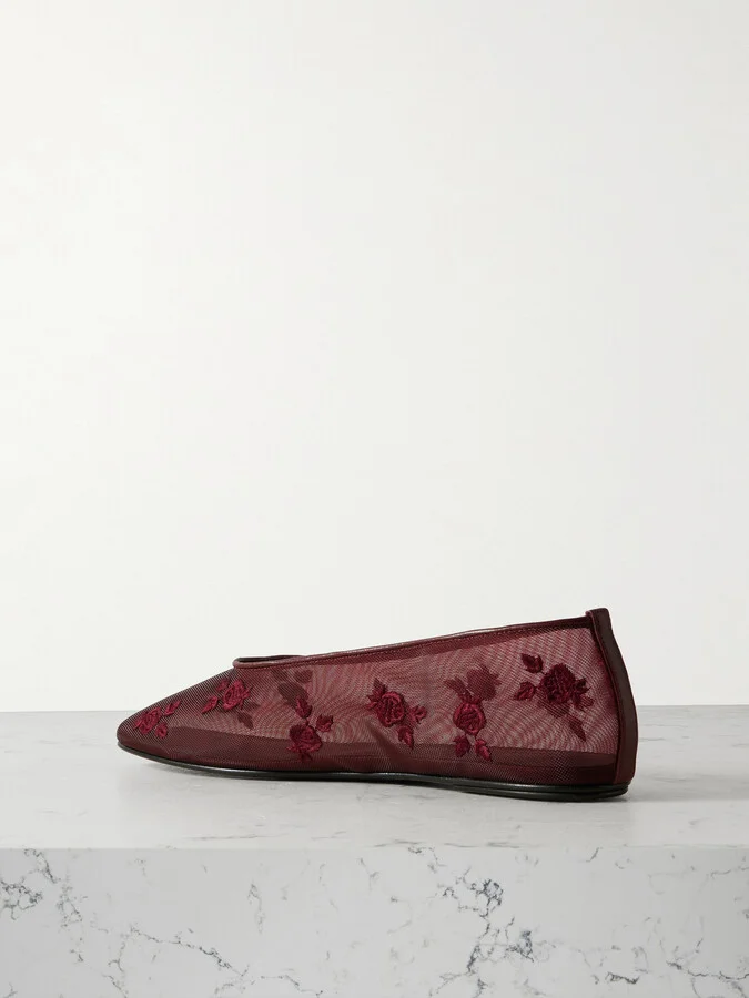 Magda Butrym - Leather-trimmed Embroidered Mesh Ballet Flats - Burgundy - Image 3